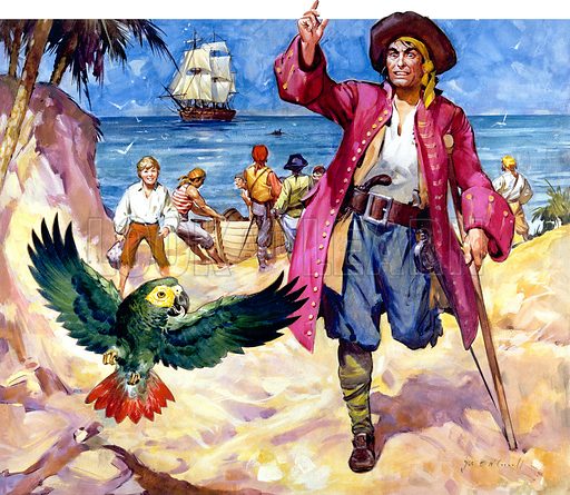 A000522 Long John Silver and his parrot from Treasure Island by Robert Louis Stevenson